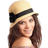 Womens 100% Paper Straw Black Flower Accent Cloche Bucket Bell Summer Hat