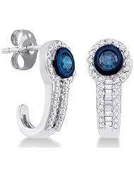 10K White Gold Channel Invisible Set Round & White and Blue Diamond Stud Earrings with Push Back Closure - (2/3 cttw)