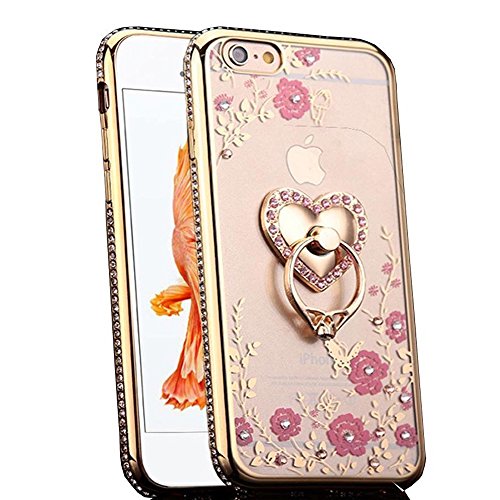 iPhone 6S Plus Case, CaseUp Glitter Crystal Heart Floral Series - Slim Luxury Bling Rhinestone Clear TPU Case With Ring Stand For iPhone 6S/ 6 Plus (5.5 Inch)