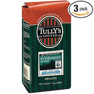 Tully\’s Coffee Certified Organic Evergreen Blend, Ground , 12 Ounce Bags (Pack of 3)