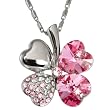 18k Gold Plated Swarovski Crystal Heart Shaped Four Leaf Clover Pendant Necklace - Pink Sapphire