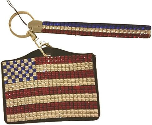 USA ACCESSORIES USA Flag Patriotic Veteran Red Blue White Rhinestone Crystal Bling PU Leather Faux Leather ID Badge Card Case Lanyard Wristlet