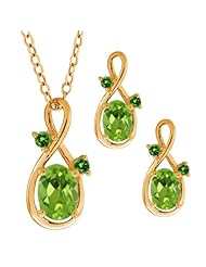 1.88 Ct Oval Green Peridot Gemstone 18k Yellow Gold Pendant Earrings Set
