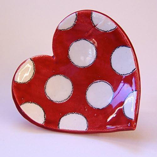 Red polka-dot pottery Heart Dish, candleholder, soap dish, ring dish