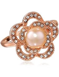 Sterling Silver Swarovski Crystal Pearls and Pave Crystal Elements Flower Ring, Size 7