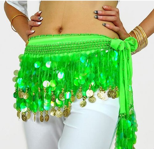Multi-Row Paillettes Gold Coins Belly Dance Wrap & Hip Scarf, Lively Style -green