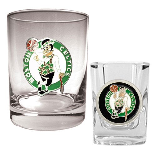 Boston Celtics NBA Rocks Glass & Square Shot Glass Set - Primary Logo
