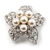 Small Crystal Faux Pearl Flower Brooch (Silver Tone)