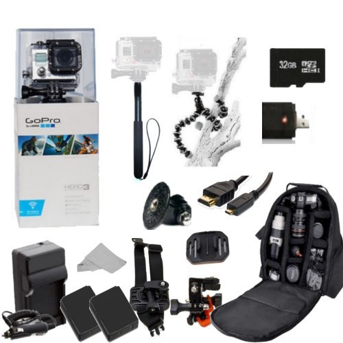 GoPro HERO3: White Edition Camera (CHDHE-301) + Action Pro Series All In 1 Outdoors Kit Designed for flat surface - helmet biking, skydiving, surfing, horsebackriding, freerunning, motorcross, atv, jetski, snowboarding, skiing,mountain climbing, first person recording, hunting paintball, airsoft + Extra Necessary Accessories