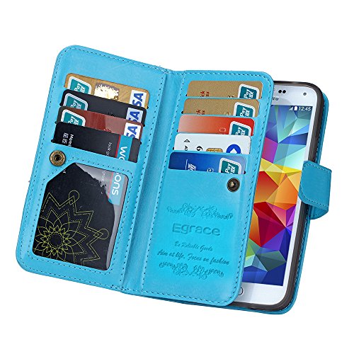 S5 Case, Galaxy S5 Case - EgraceTM 9 Card Slot PU Leather Wallet Case 2 in 1 Magnetic Detachable Back Cover Flip Folio Wallet Magent Case with Strap for Galaxy S5 (2014) (Blue)