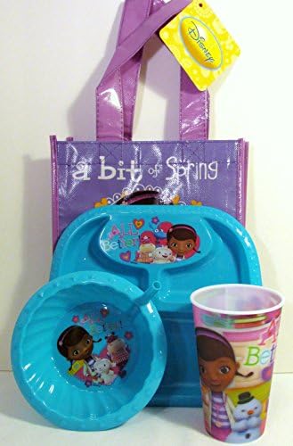 Bundle - 4 items: DocMcStuffins Theme 3-Piece Mealtime Set All Better and a Small Reusable Tote for Age 3+