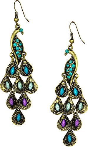 Gold tone vintage peacock blue epoxy crystal feather dangle state…