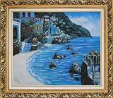 Mediterranean Oil Painting 26 x 30 inches, with Ornate Antique Dark Gold Wood Frame