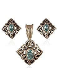 Sterling Silver Blue Topaz Oval Faceted Gemstone Earrings And Pendant Set Ethnic Jewelry