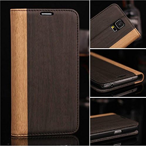 Galaxy S5 Leather Case, Rich Brown Wood Grain Hard Cover Credit Card Slot Flip Book Stand Design Case For Samsung Galaxy S5 with Retail Box