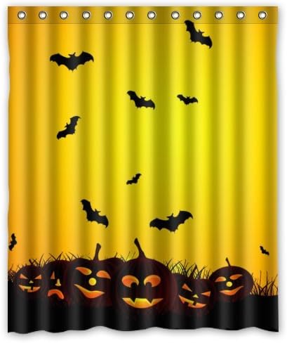 60"(W) x 72"(H) 100% Polyester Halloween Pumpkin Lamp And Bat Waterproof Bath Curtain
