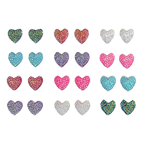 24 Cute Heart Shaped Earring Studs Set (12 Pairs), Glittery! , in Assorted