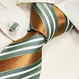 S2073 Designer Hand Made Green White Necktie Cufflinks Set Bronze Stripes Ties for Men Jacquard Woven Pure Silk Mens Tie and Cuff Links Gift Tie Set