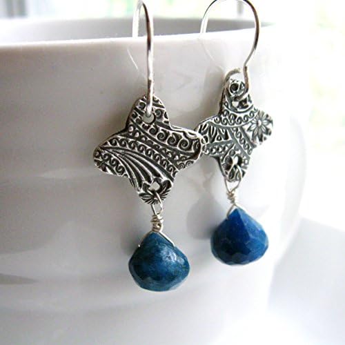 Deep ocean blue gemstone earrings with silver paisley flowers