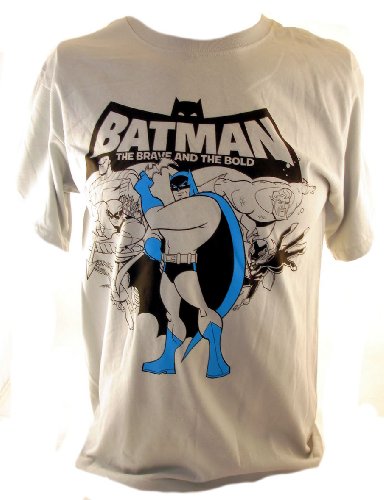  Batman: Brave and the Bold Mens T-Shirt - Batman and Friends (Green Arrow, Aquaman) on Gray