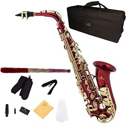 Cecilio 2Series AS-280RL Red Lacquered E Flat Alto Saxophone w/ Carrying Case & Accessories
