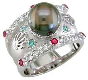 18KW Black Pearl, Red Spinel, Paraiba Tourmaline & Diamond Ring - Size 8 1/2