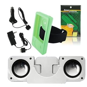 Premium Green Silicone Skin Cover + Clear Screen Protector + Wall charger + Car Charger + Mini White Speaker for Microsoft Zune 80GB Digital Media Player
