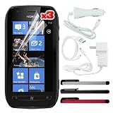 Premium 3 Packs of LCD Clear Screen Protector + White Rapid Home Travel Charger + Rapid Car Charger + USB Date Cable + Silver/Black/Red Touch Screen Stylus Pen for Nokia Lumia 710 By Skque
