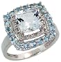 10k White Gold Ring, w/ 2.00 Total Carat Brilliant Cut Diamonds, Brilliant Cut Blue Topaz Stones & 8mm Cushion Cut Aquamarine Stone, 5/8 in. (16mm) wide, size 7.5
