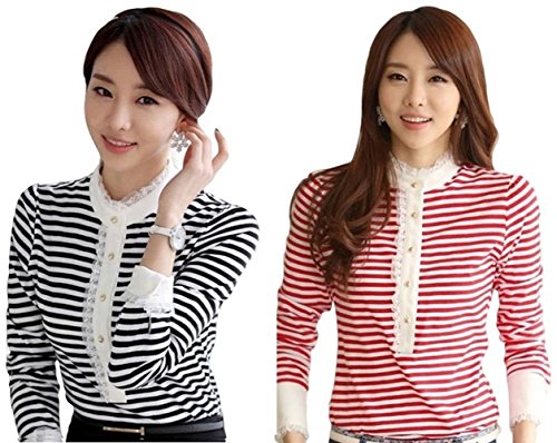 ボーダー カットソー 長袖 Tシャツ レディース M L 黒 赤 レース おしゃれ 前ボタン