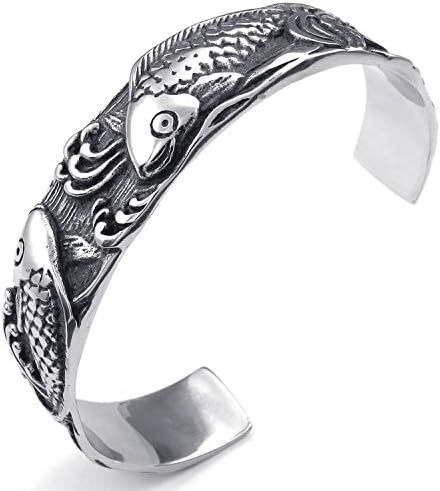 Mygoodie Jewelry Mens Womens Stainless Steel Bracelet, Vintage Carp Fish Cuff Bangle, Black Silver