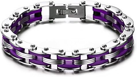 Op Jewelry Men's Vintage Stainless Steel Biker Bracelet Motorcycle Chain Link Punk Wrist Cuff Bangle With Silicone (Purple)