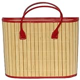 Split Bamboo Beach Bag with Canvas Lining and Leatherette Handle and Trim 13 x 15 3/4 x 6 1/4
