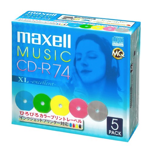 maxell 音楽用 CD-R 74分 カラーMIX インクジェットプリンタ対応(ワイド印刷)  5枚 5mmケース入 CDRA74WPM.1P5S