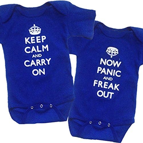 Just Multiples Twin Baby Boys' Onesies Set Keep Calm, Carry On 3-6 Months Blue
