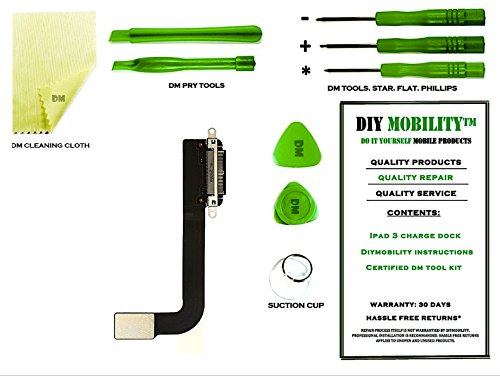 iPad 3 Charge Port Dock Flex Ribbon Cable Connector PREMIUM Kit with DM Tools, Cleaning Cloth, and Instructions Included - DIYMOBILITY