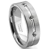 Tungsten Carbide Black Diamond Ribbed Wedding Band Ring