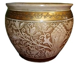 18" Hand Painted and Carved Porcelain Fishbowl / Planter with White Floral Design