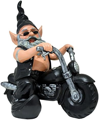 Nowaday Gnomes - "Biker The Gnome in Full Leather Motorcycle Gear Riding His Black Bike Figurine Statue 12" H