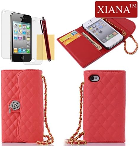 iPhone 4S Case, iPhone 4 Case, XIANA Royal Ridge Grid with Rose Flower Pendant Decorated Design Leather Handbag Wallet Case Cover Protector For iPhone 4 4S(Red),A Stylus,Screen Protector and Cleaning Cloth Included