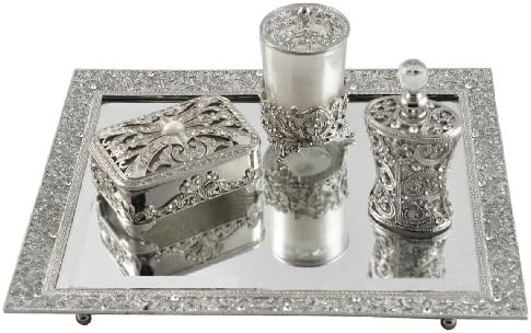 Stunning and Elegant Newly Designed Beveled Vanity Mirror Tray Rectangular Victorian Sterling Silver Design Embellished with Genuine Austrian Swarovski Crystals
