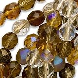 Czech Fire Polish Glass Beads 8mm Round Wheatberry Brown Amber Mix (50 Beads)