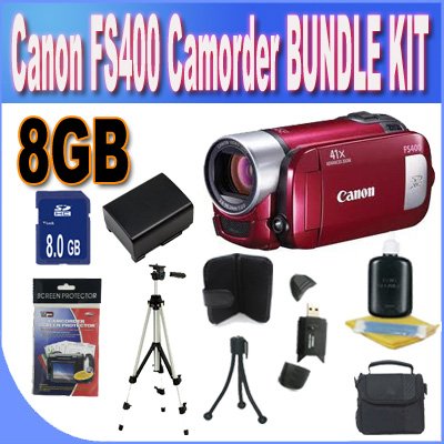 Canon FS400 Flash Memory Camcorder with 41x Advanced Zoom and SDXC Card Slot (Red) Accessory Saver 16GB Battery/Charger Bundle