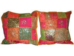 2Pc Pink Orange Sequin Embroidered Patchwork Cushion Cover Throw 16"