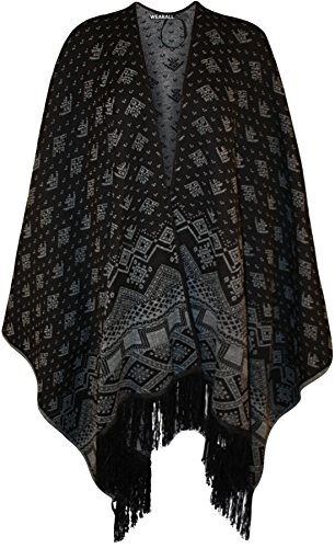 WearAll Women's Plus Size Knitted Tassel Print Poncho Shawl Cape