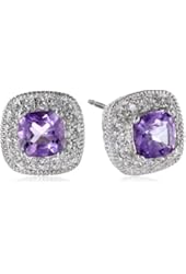 Sterling Silver, Gemstone, and Created White Sapphire Cushion Stud Earrings