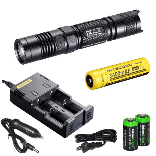 NITECORE P12 2015 version 1000 Lumen high intensity CREE XM-L2 LED long throw tactical flashlight with Genuine Nitecore NL189 18650 3400mAh Li-ion rechargeable battery, Nitecore i2 intelligent Charger, Car Charging Cable and 2 X EdisonBright CR123A l