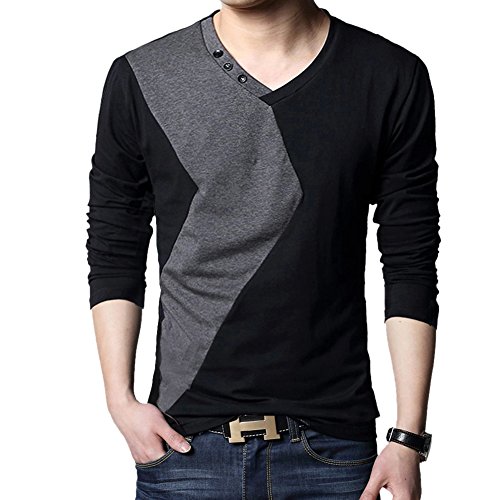 Your Gallery Men's Sexy V-Neck Long Sleeve Colorblock Spring Cotton T-Shirt