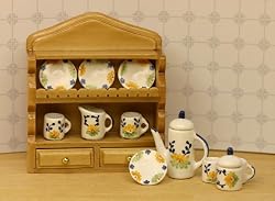 Kitchen wall shelf in Oak with Country Tea Set Dollhouse Miniature