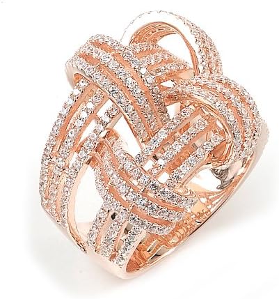 Sterling Silver Weave Basket Micro Pave Cz Ring With Rose Gold Plating, Size 6-8